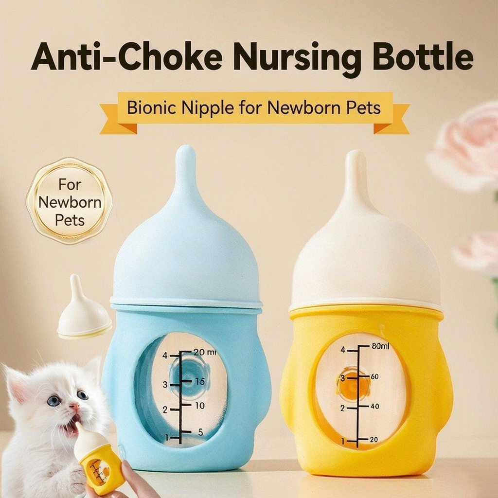 20ML 80ml Bionic Anti-Choke Pet Nursing Bottle For Newborn Puppies & Kittens, Silicone Nipple With Visible Scale, Leak-Proof Feeder